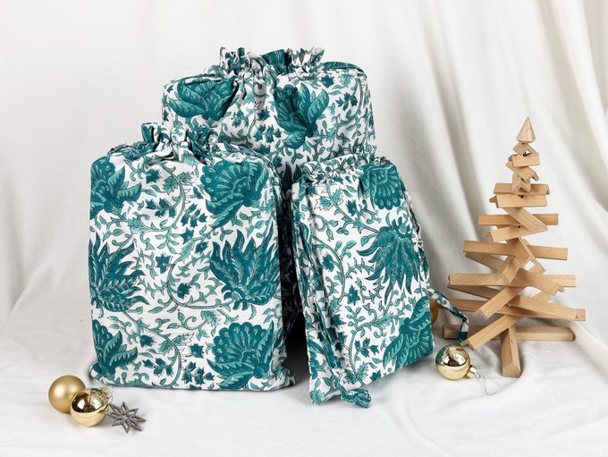 Gift Bag Set of 3 - Emerald Green Forest Block Print from FabRap