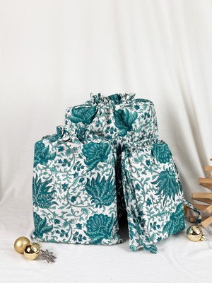 Gift Bag Set of 3 - Emerald Green Forest Block Print from FabRap