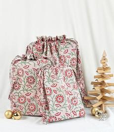 Gift Bag Set of 3 - Ruby and Green Dandelion Block Print via FabRap