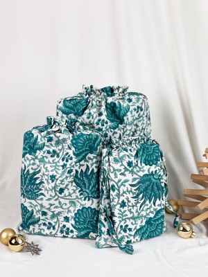 Gift Bag Set of 3 - Emerald Green Forest Block Print from FabRap