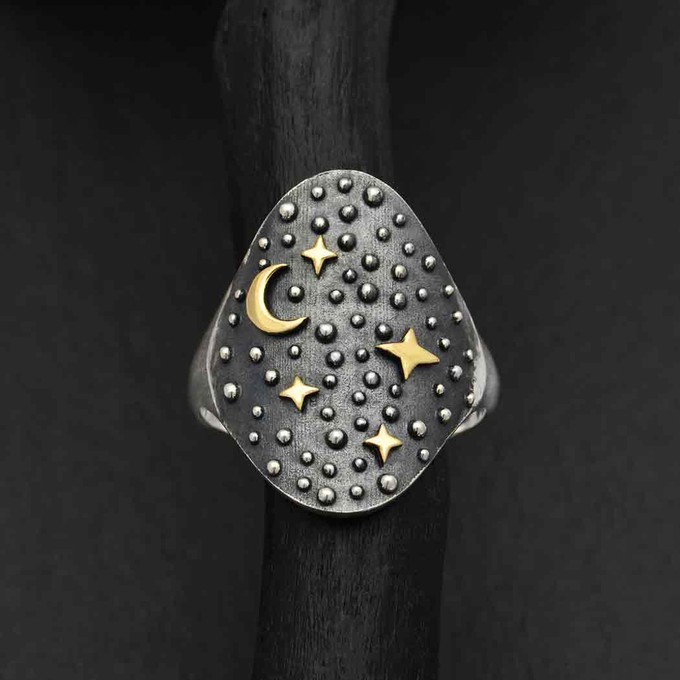 Silver ring Night Sky with bronze moon and stars from Fairy Positron