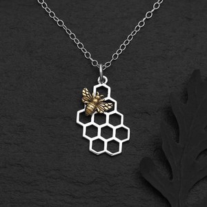 Silver necklace honeycomb with bronze bee from Fairy Positron