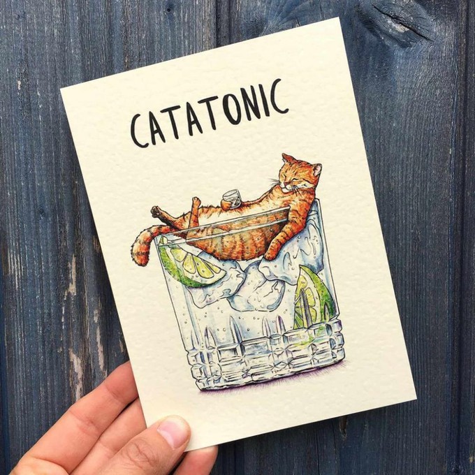 Greeting card cat "Catatonic" from Fairy Positron