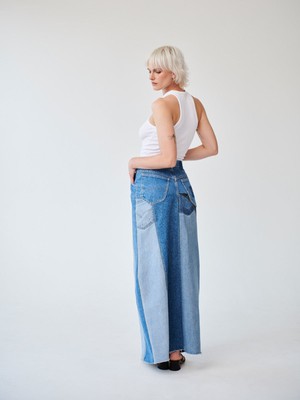 High Waisted Upcycled Patchwork Denim Long Skirt with Slit from Fanfare Label