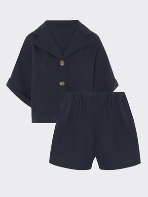 Ethically Made Navy Linen Lounge Co-ord Short Set from Fanfare Label