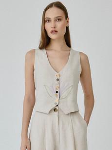 Daphne Floral Linen Waistcoat in Beige via Fanfare Label