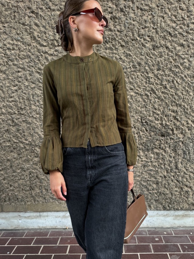 Volume Sleeved Stripe Top in Khaki Green - Sizes 6 & 14 from Fanfare Label