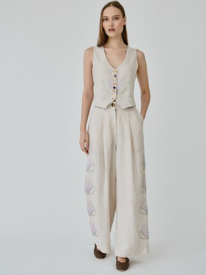 Celeste Floral Linen Trousers in Beige from Fanfare Label