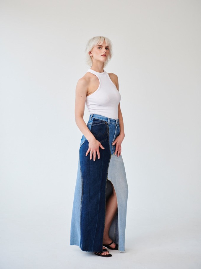 High Waisted Upcycled Patchwork Denim Long Skirt with Slit from Fanfare Label