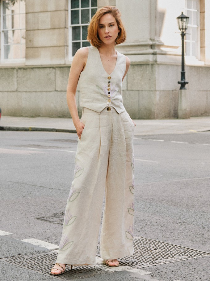 Daphne Floral Linen Waistcoat in Beige from Fanfare Label