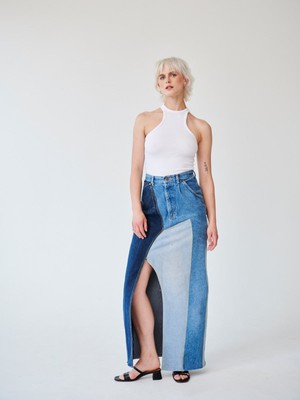 High Waisted Upcycled Patchwork Denim Long Skirt with Slit from Fanfare Label