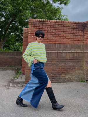 High Waisted Upcycled Patchwork Denim Long Skirt with Slit from Fanfare Label