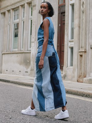 High Waisted Upcycled Patchwork Denim Long Skirt with Slit from Fanfare Label