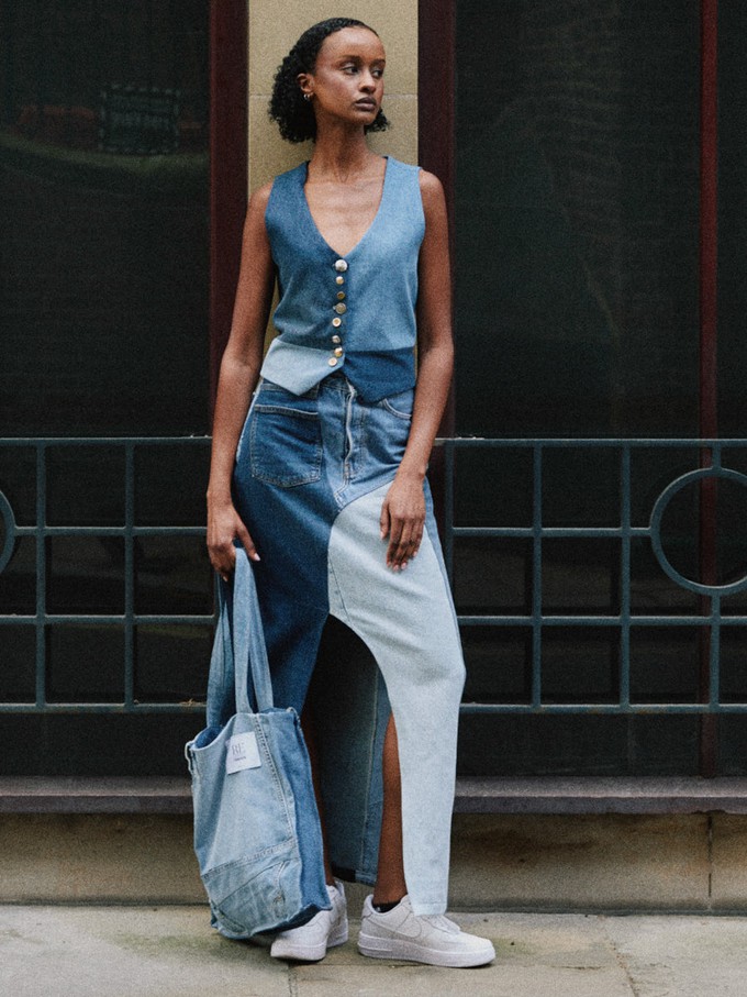 High Waisted Upcycled Patchwork Denim Long Skirt with Slit from Fanfare Label