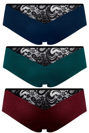 SET: Bio hipster panties "Jondel" with lace: Indico, smaragd, aubergine from Frija Omina