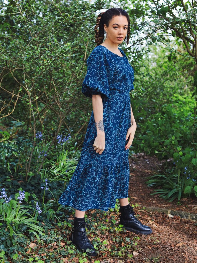 Blue Floral Puff Sleeve Midi Transformation Dress from Jenerous