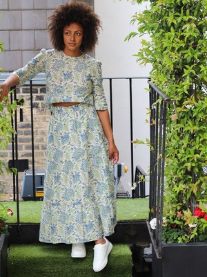 Blue and Green Floral Tiered Maxi Skirt from Jenerous