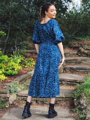 Blue Floral Puff Sleeve Midi Transformation Dress from Jenerous