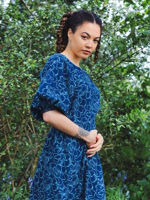 Blue Floral Puff Sleeve Midi Transformation Dress from Jenerous