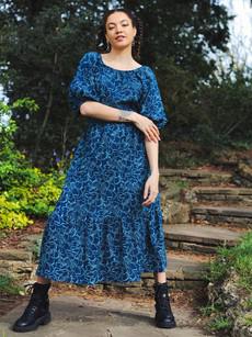 Blue Floral Puff Sleeve Midi Transformation Dress via Jenerous