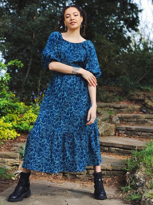 Blue Floral Puff Sleeve Midi Transformation Dress from Jenerous