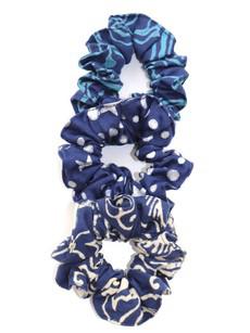 Set of 3 Organic Cotton Indigo Printed Scrunchies via Jenerous