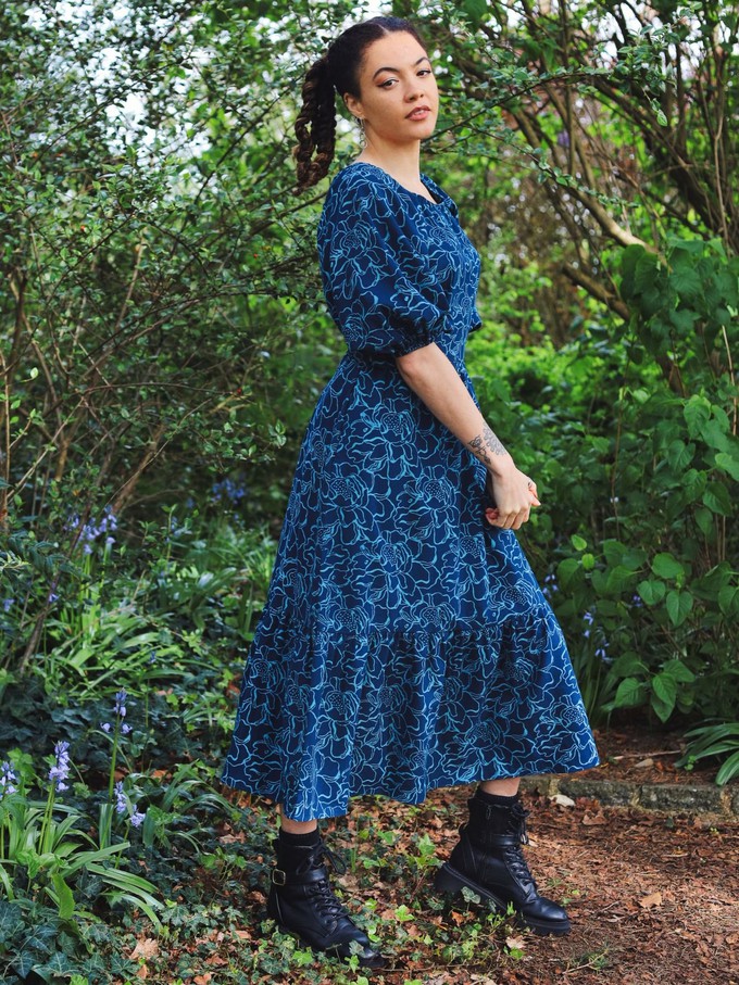 Blue Floral Puff Sleeve Midi Transformation Dress from Jenerous