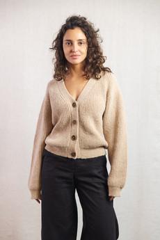 Baby alpaca knit cardigan Arequipa sand via Jyoti - Fair Works