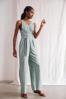 Organic Cotton Jumpsuit Parvani Ikat Sage via Jyoti - Fair Works