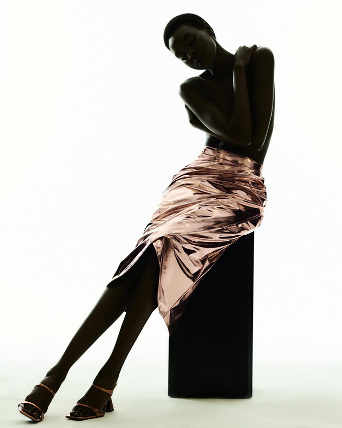 LONG LIQUID BRONZE DRAPED SKIRT from MONIQUE SINGH