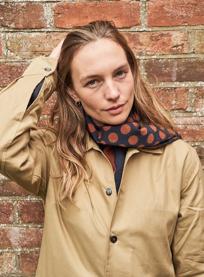 Recycled Double Faced Wool Orange Navy Spot Classic Scarf from Neem London