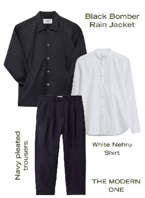 Set 1: Neem Black Bomber Rain Jacket + White Nehru Shirt + Navy Soft Pleated Trousers from Neem London