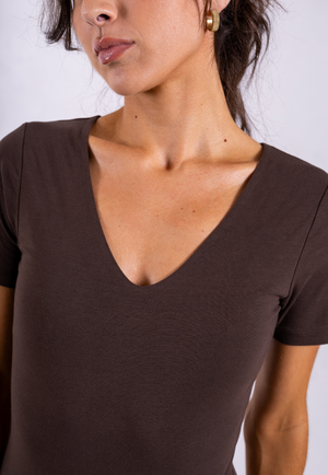 Organic Cotton V-Neck Bodysuit, Hot Fudge from Not Basics