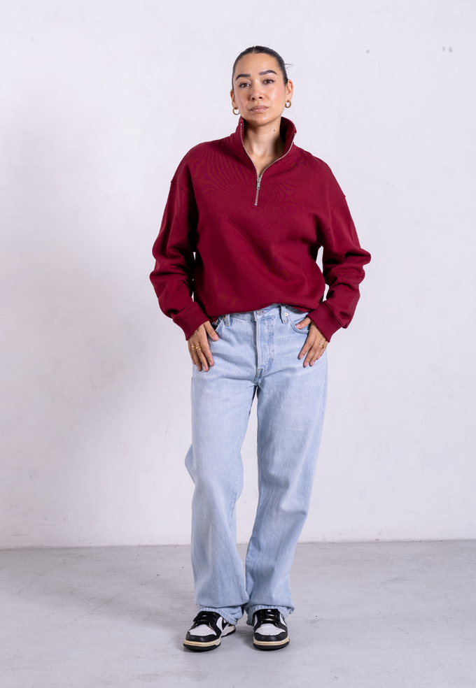 Organic Cotton Quarter Zip Sweatshirt, Ruby Wine from Not Basics