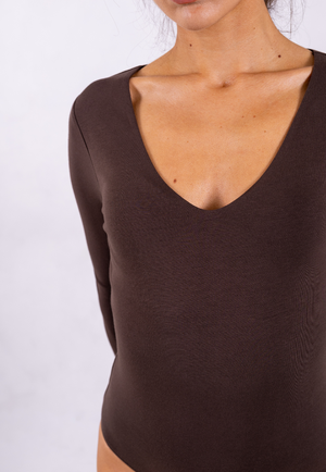 Organic Cotton Long Sleeve V-Neck Bodysuit, Hot Fudge from Not Basics