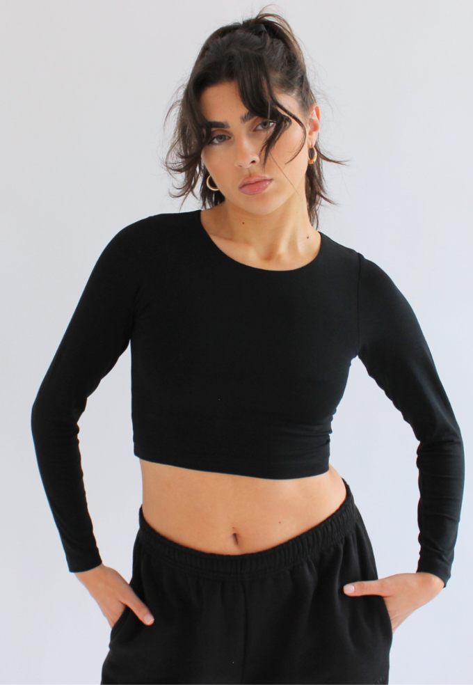 Organic Cotton Crew Long Sleeve Cropped T-Shirt, Black from Not Basics