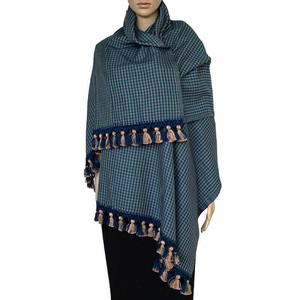 Shawl Blue with Pom poms - Oversized - Elegant and Fairtrade from Quetzal Artisan