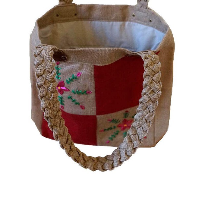 Jute Bag Pink Flowers - Natural Jute - Handmade & Fairtrade from Quetzal Artisan