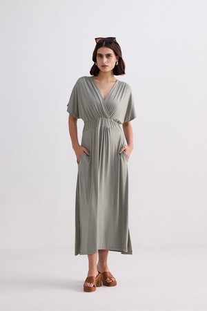 Flowy A-Line Maxi Dress with Side Slits in Light Olive from Reistor