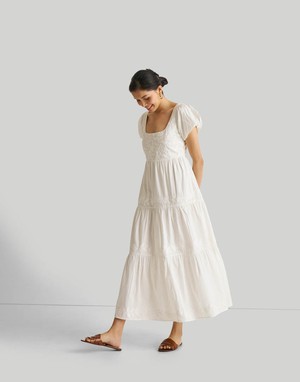 Puff Sleeve Embroidered Tiered Dress in White from Reistor