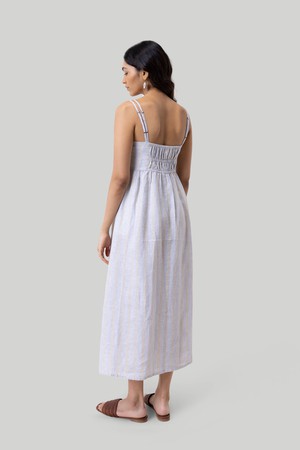 Strappy Gathered Midi Dress in Linen Stripes from Reistor