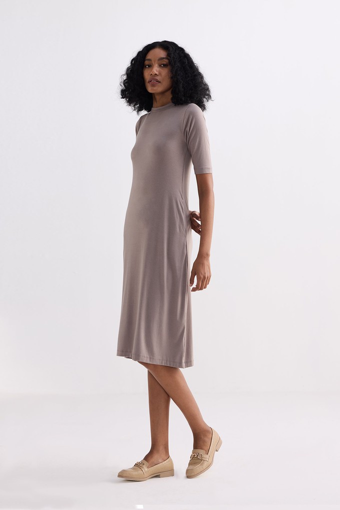 High Crew Neck Elbow Sleeves Fitted Dress in Dusty Brown from Reistor