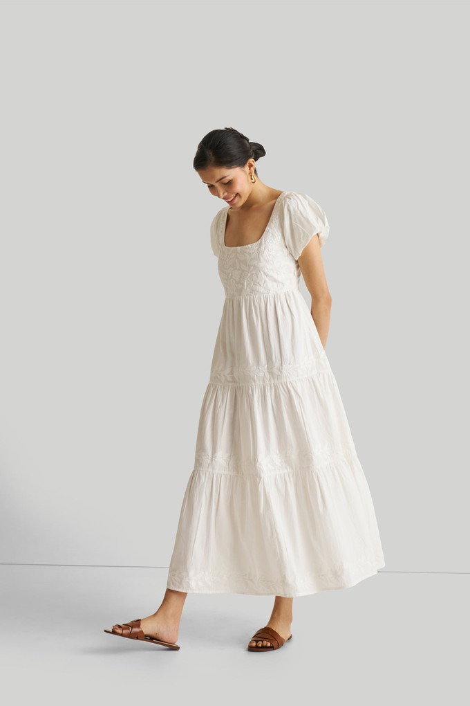 Puff Sleeve Embroidered Tiered Dress in White from Reistor