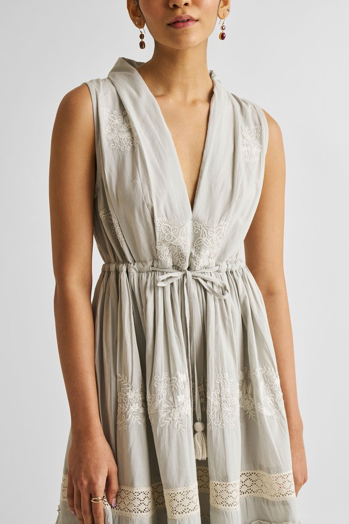 Embroidered Drawstring Gathered Dress in Grey from Reistor