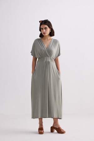 Flowy A-Line Maxi Dress with Side Slits in Light Olive from Reistor