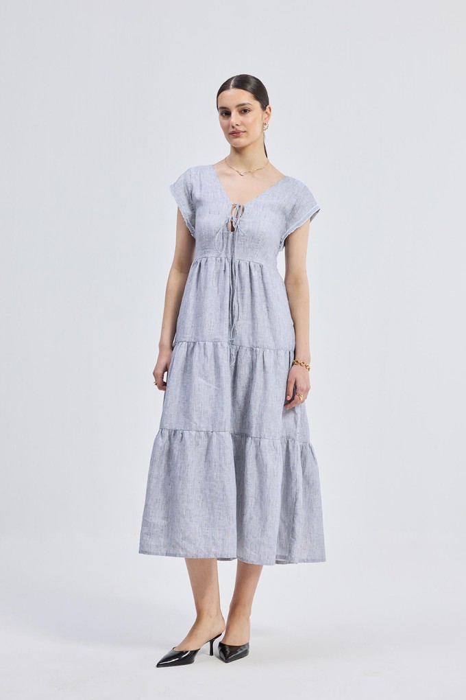 Gathered Tiered Dress with Front-ties - Linen stripes from Reistor