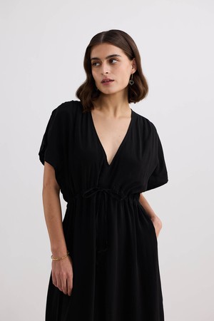 V-neck Gathered Maxi Dress in Black from Reistor