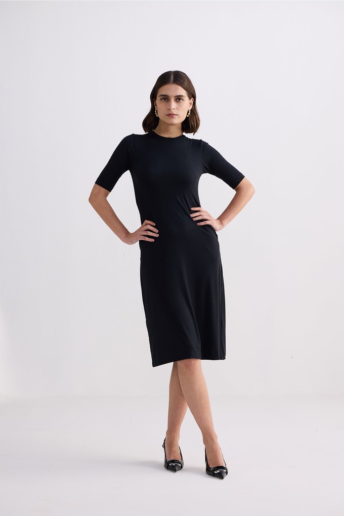 High Crew Neck Elbow Sleeves Fitted Dress in Black from Reistor