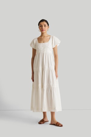 Puff Sleeve Embroidered Tiered Dress in White from Reistor