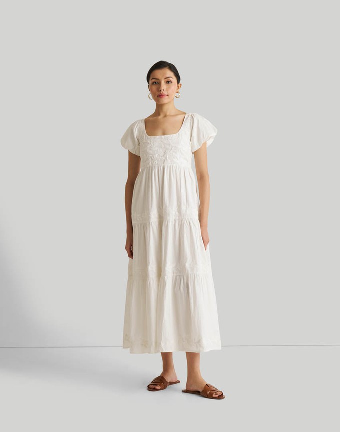 Puff Sleeve Embroidered Tiered Dress in White from Reistor